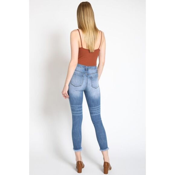 KANCAN Women's Mid Rise Distressed Ankle Skinny Jeans Raw Cut Summer Collection - Picture 3 of 14